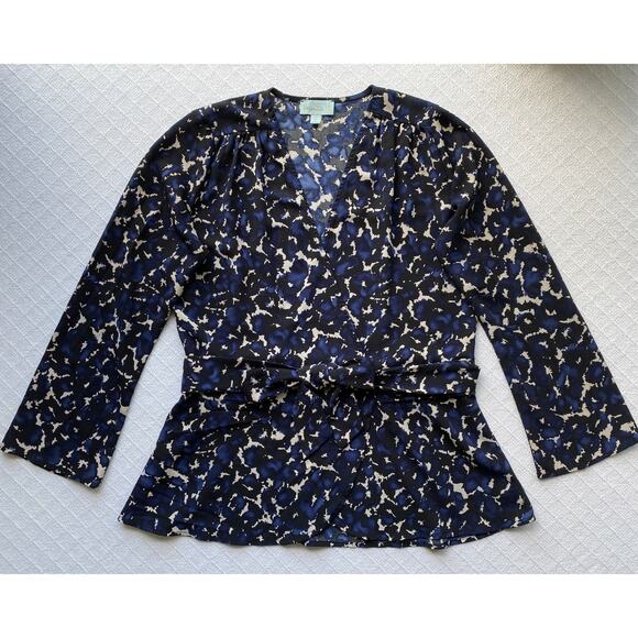 Veronica M. Blue Black Watercolor Abstract Print Wrap Tie Blouse V-Neck Small - Picture 2 of 9